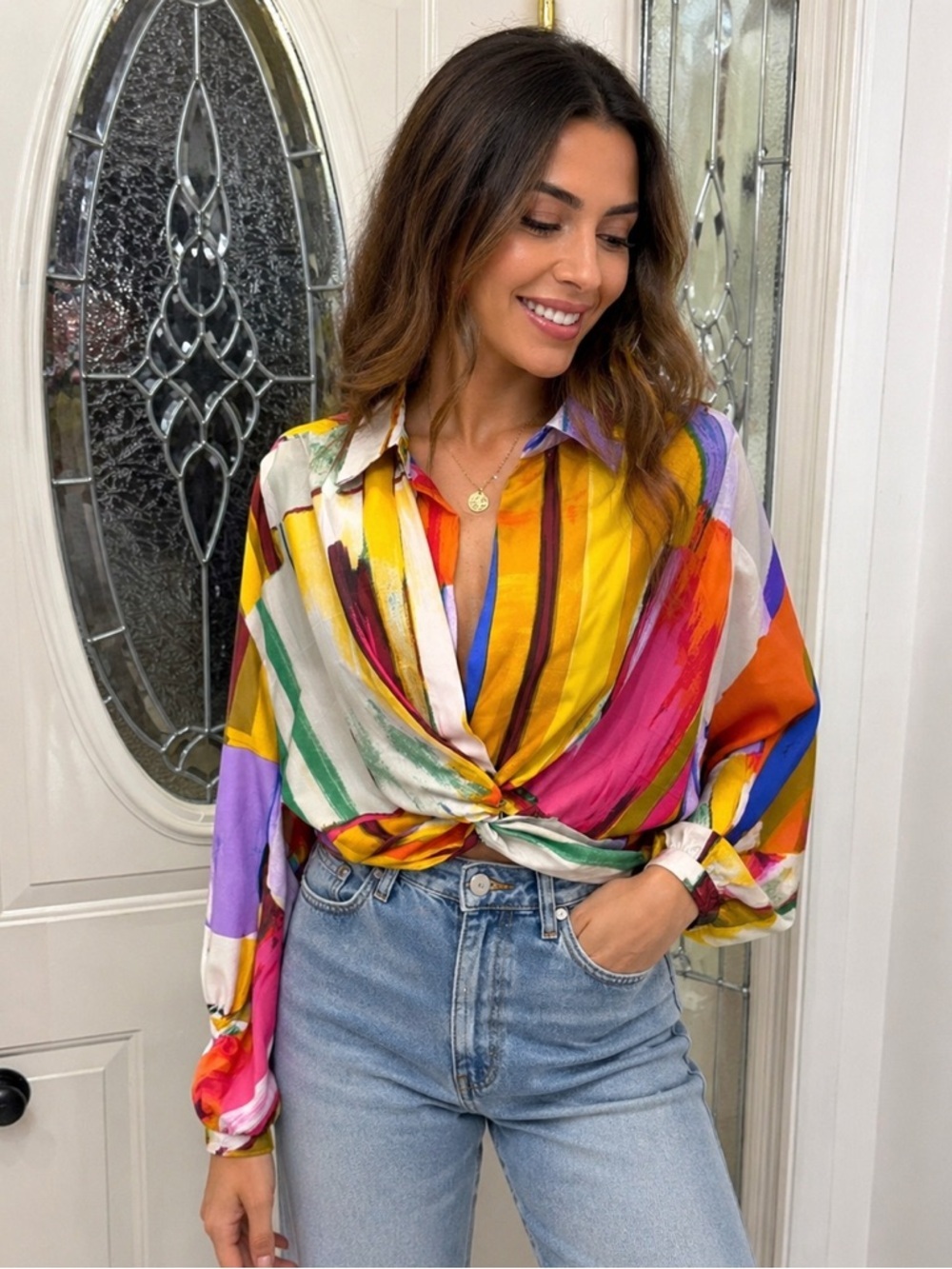 Truth NYC Colorful Abstract Twist-Front Blouse | Size XL | Boho Statement Top